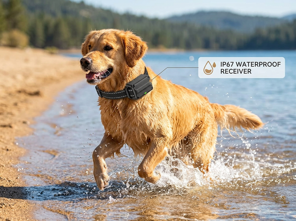 Dog wearing an IP67 waterproof training collar receiver while playing outdoors near water.
