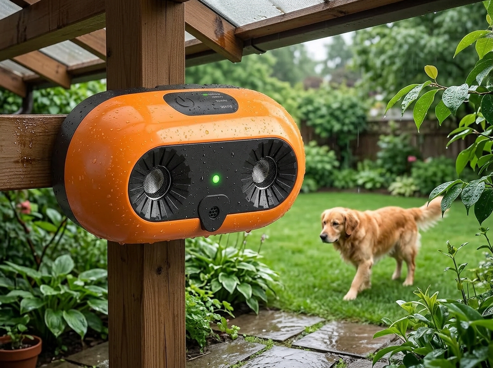 Orange IPX45 weather-resistant ultrasonic dog bark control device mounted in an outdoor patio area