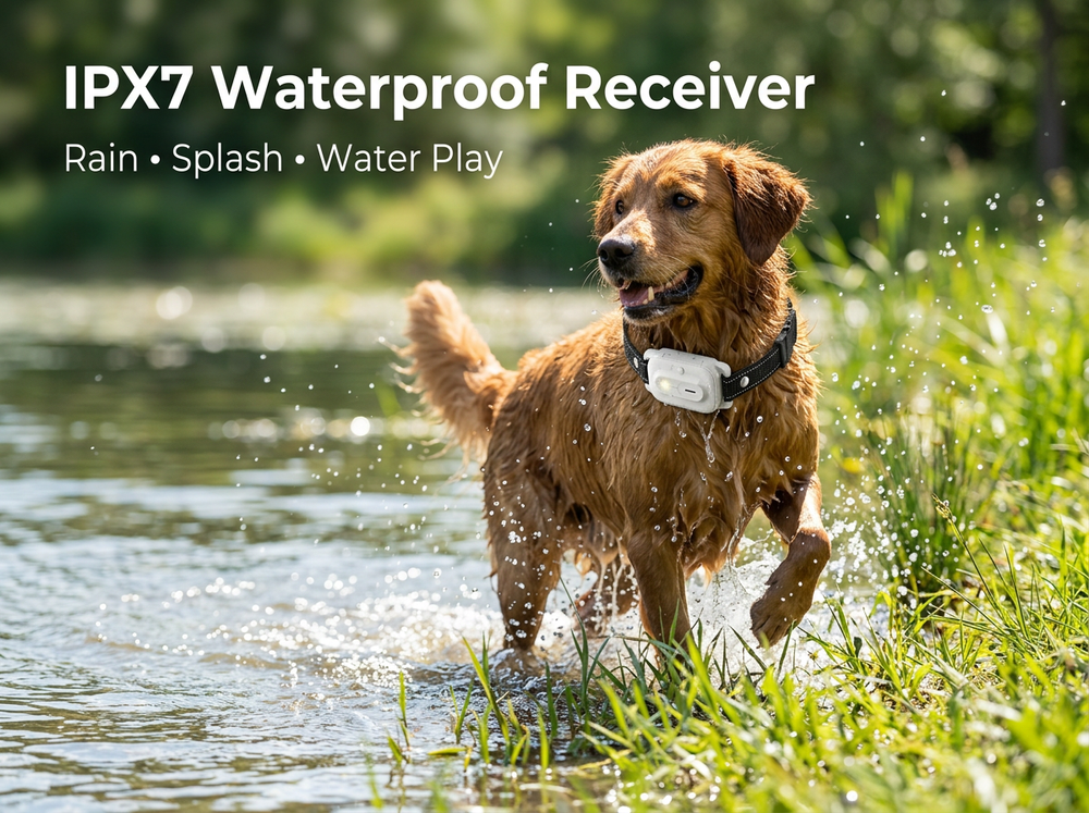 
Dog wearing an IPX7 waterproof remote training collar while playing around water.