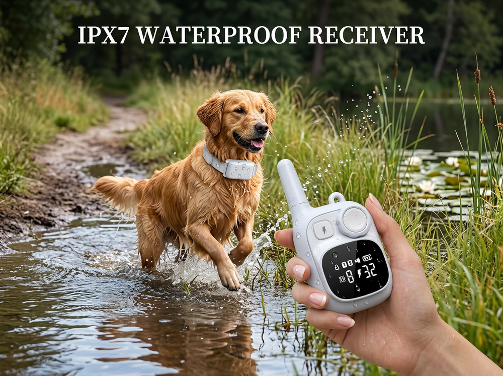 IPX7 waterproof dog training receiver collar designed for outdoor training and wet conditions.