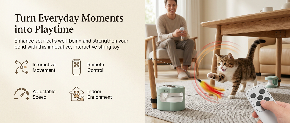 Indoor cat chasing an automatic moving electronic toy for exercise and mental enrichment.