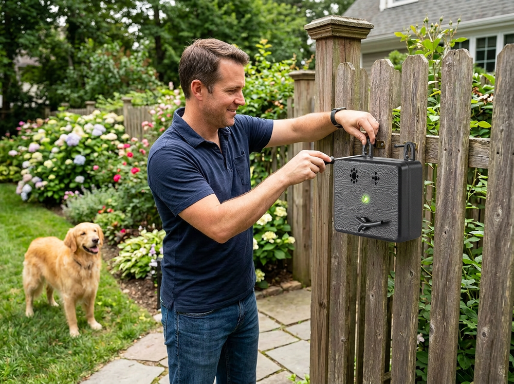  Installing Bark Box ultrasonic bark deterrent device outdoors.