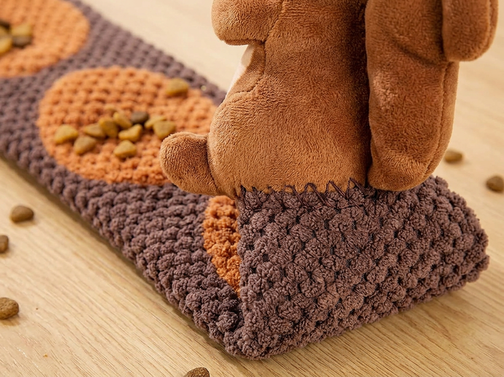 Close-up showing a brown plush squirrel securely attached to the end of a textured dog snuffle mat