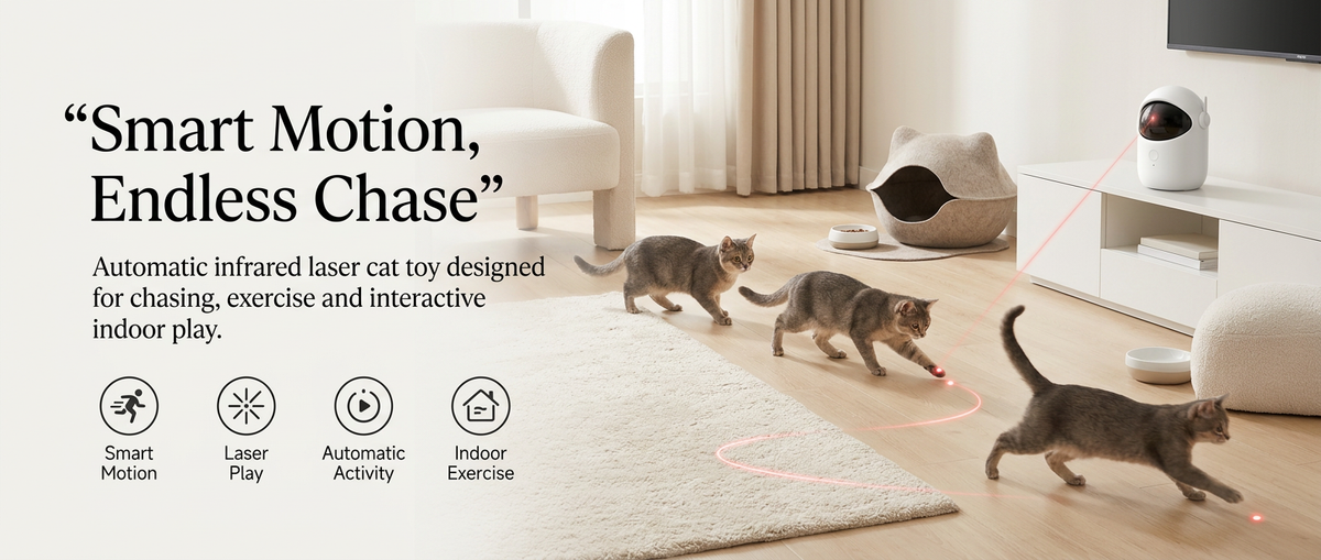 Cat chasing automatic infrared laser toy indoors.