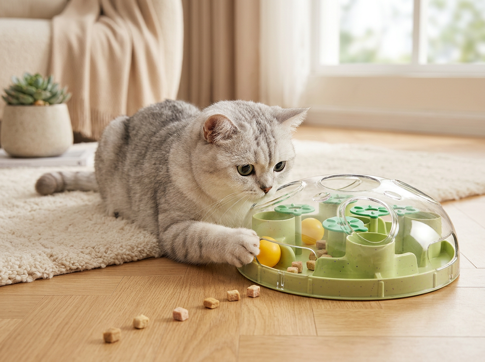 Interactive food puzzle treat dispenser ball for cats.