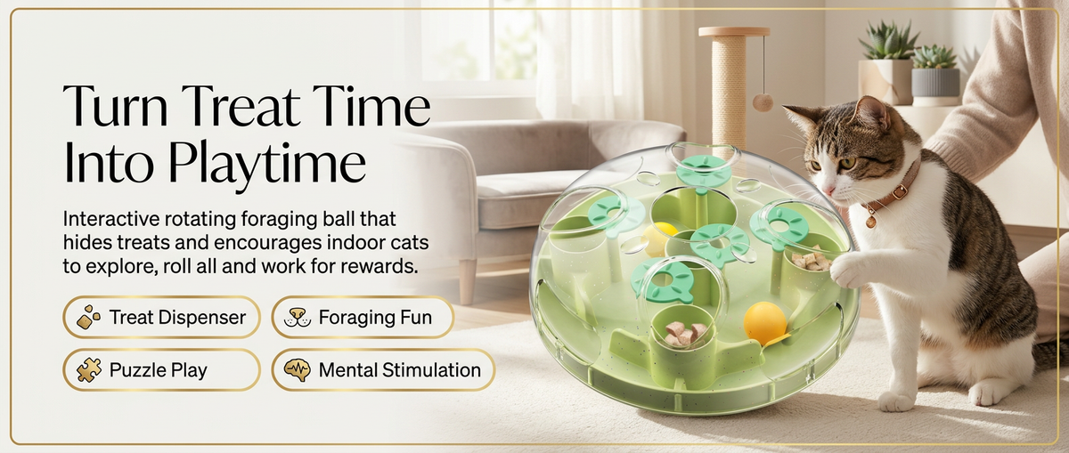Cat playing with rotating treat dispenser foraging ball indoors.