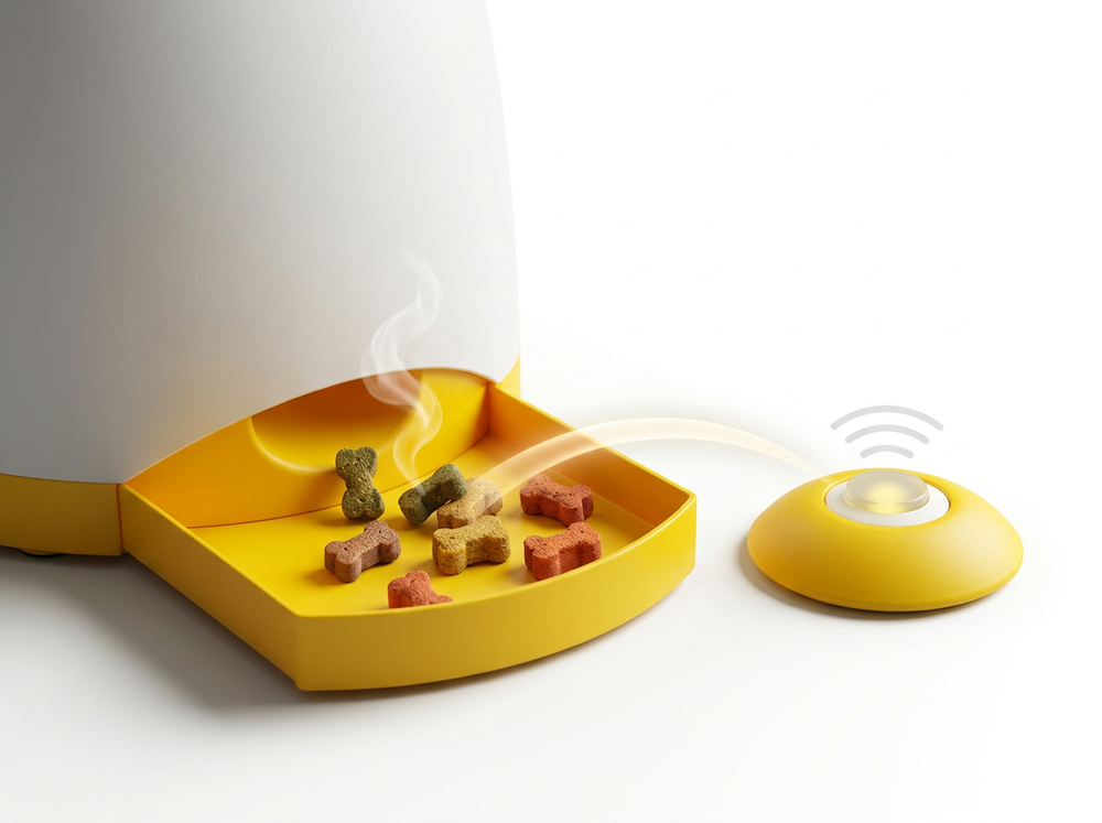 Interactive dog treat dispenser for reward based training.