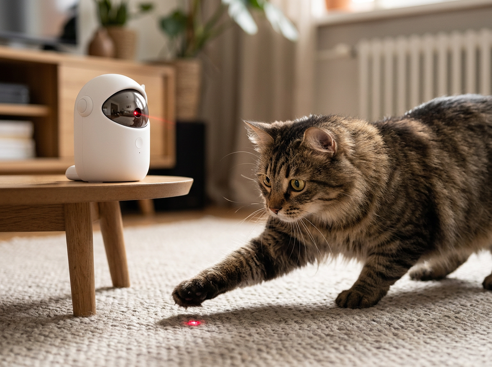 Interactive infrared laser chase toy for cats.