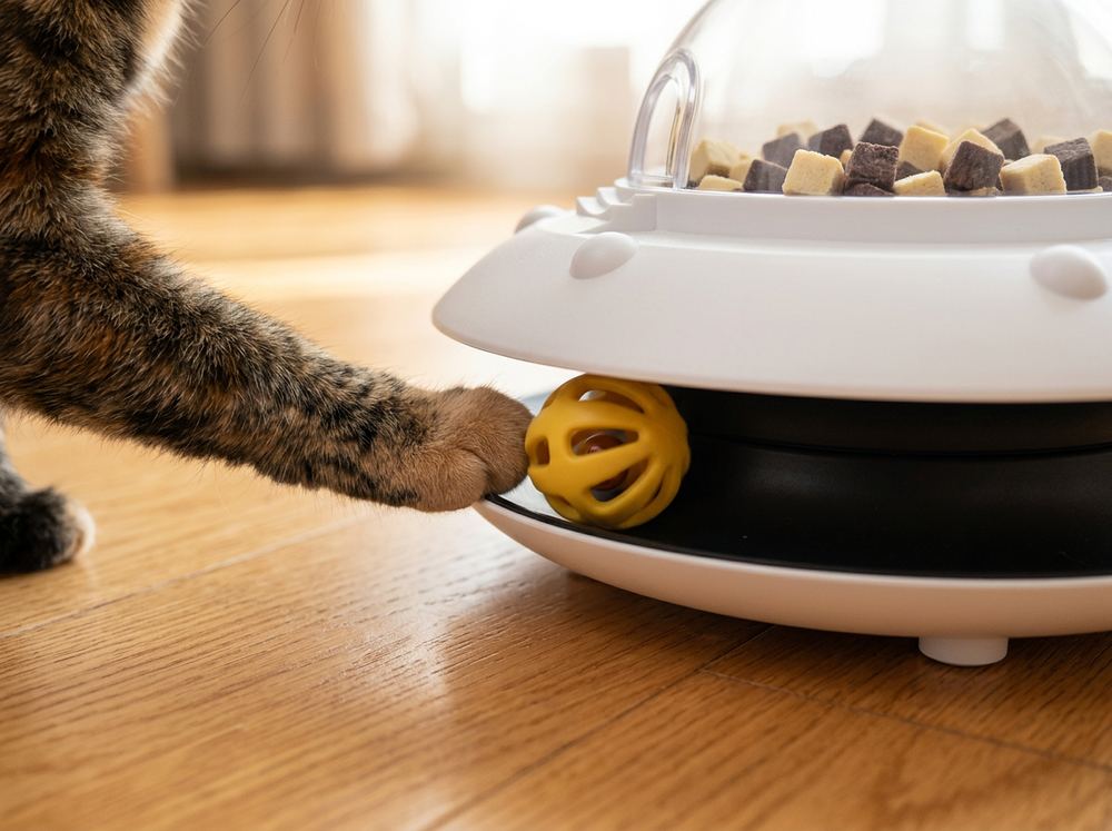  Cat paw interacting with the yellow lattice ball inside the circular track of a treat dispensing toy