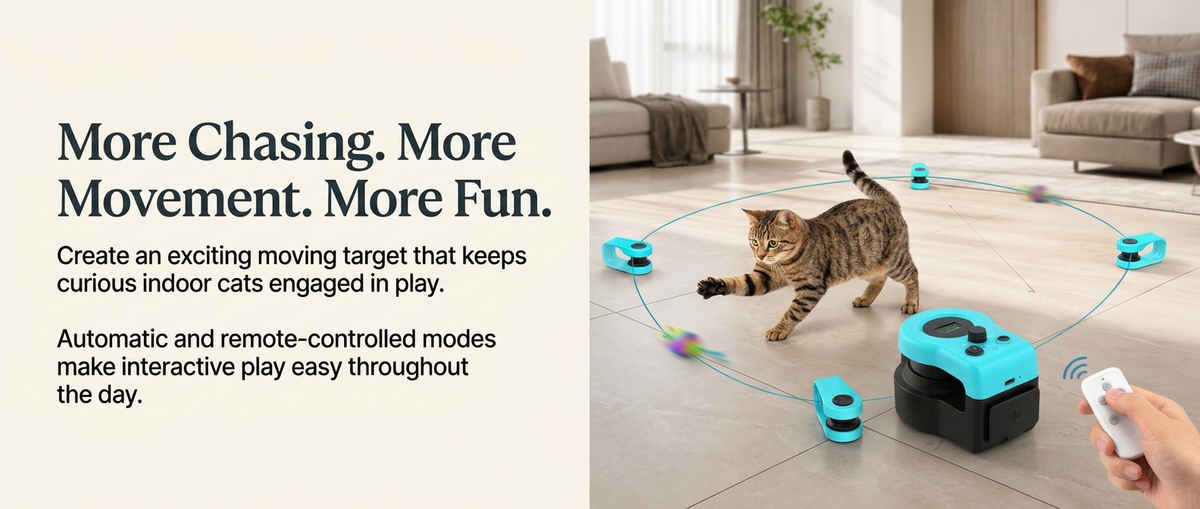  Indoor cat chasing a moving target from an automatic remote-controlled interactive cat toy system
