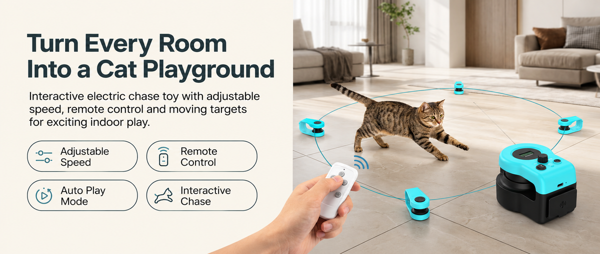 Cat chasing a moving toy controlled by an automatic electric cat toy system with remote control