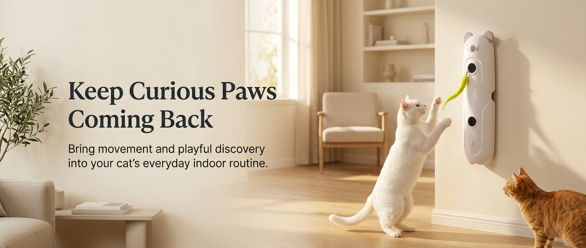 Two cats playing with a wall-mounted white mouse-shaped interactive toy with a moving green teaser in a warm modern living room