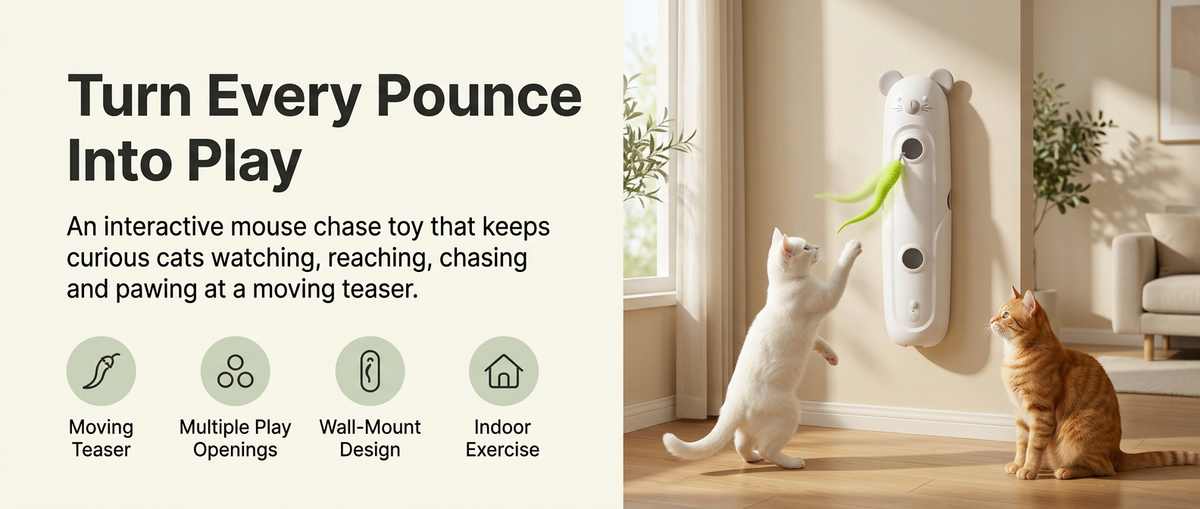 
White mouse-shaped interactive cat chase toy with green moving teaser mounted on a wall while cats reach and play indoors