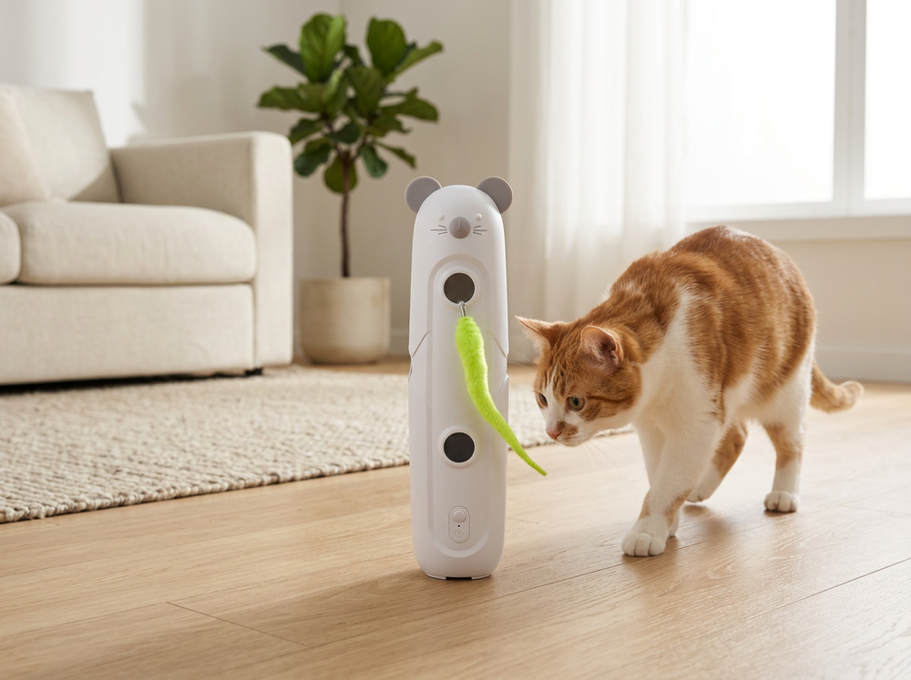 White mouse-shaped interactive cat toy positioned in an open indoor play area with a curious cat approaching it