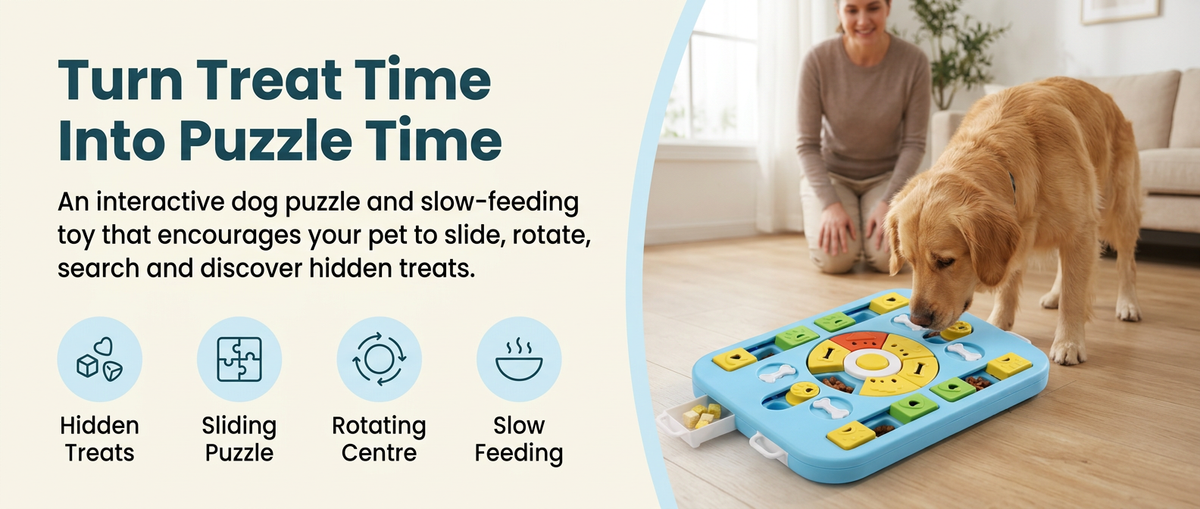 Blue interactive dog puzzle slow feeder with sliding blocks, rotating centre, hidden treat compartments and colourful puzzle pieces