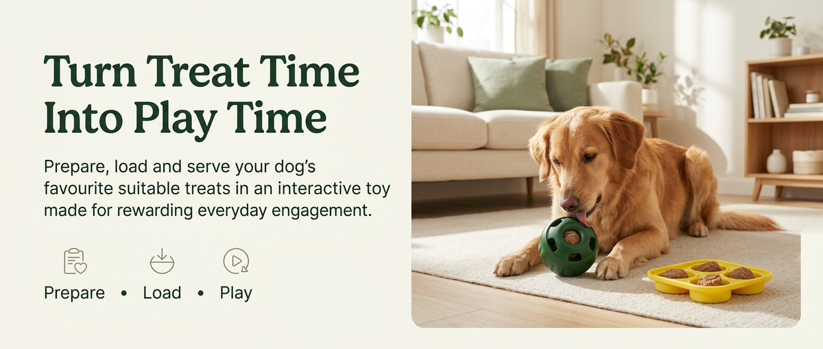 Happy dog playing with a dark green treat dispensing ball beside a yellow four-cavity treat tray in a bright modern home