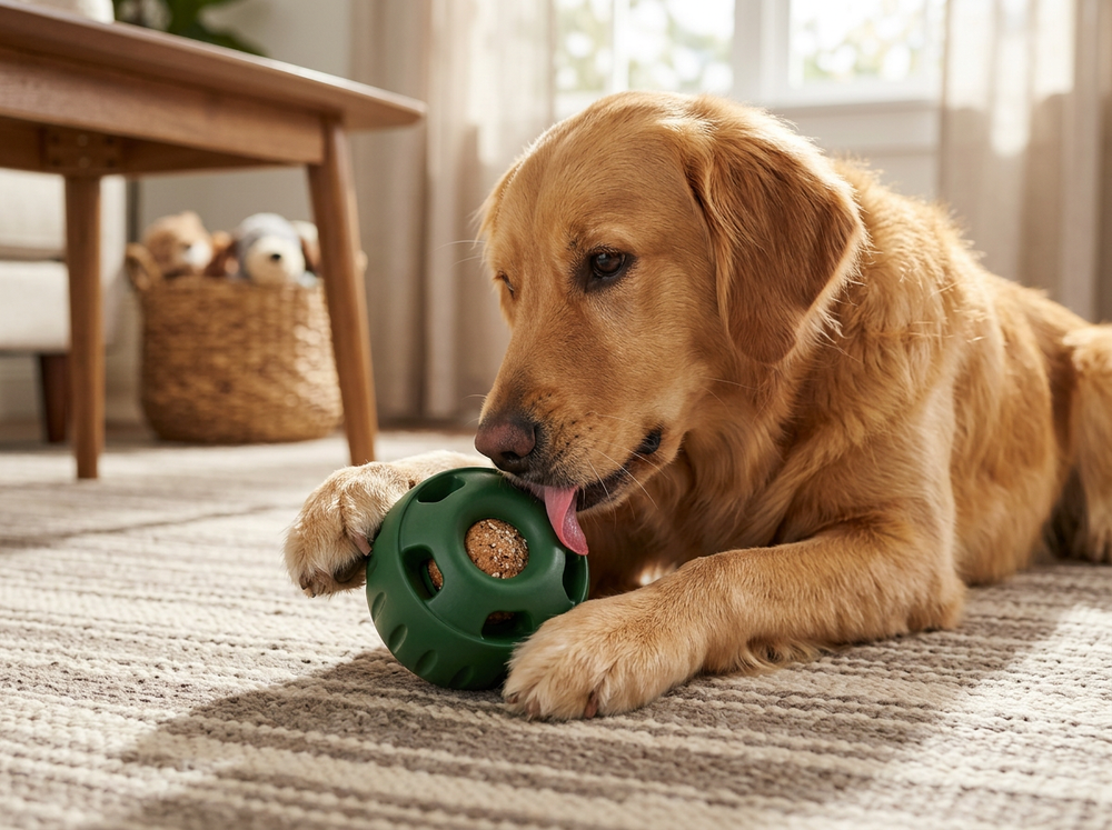 Dog using its nose and paws to interact with a dark green treat ball containing a reward