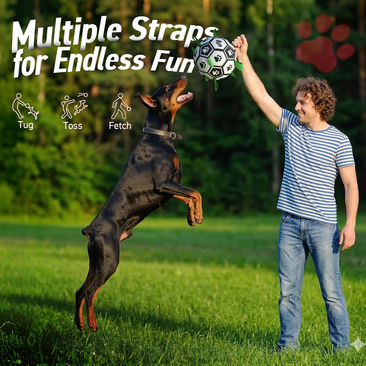 Interactive rubber dog toy with straps for owner and pet play
