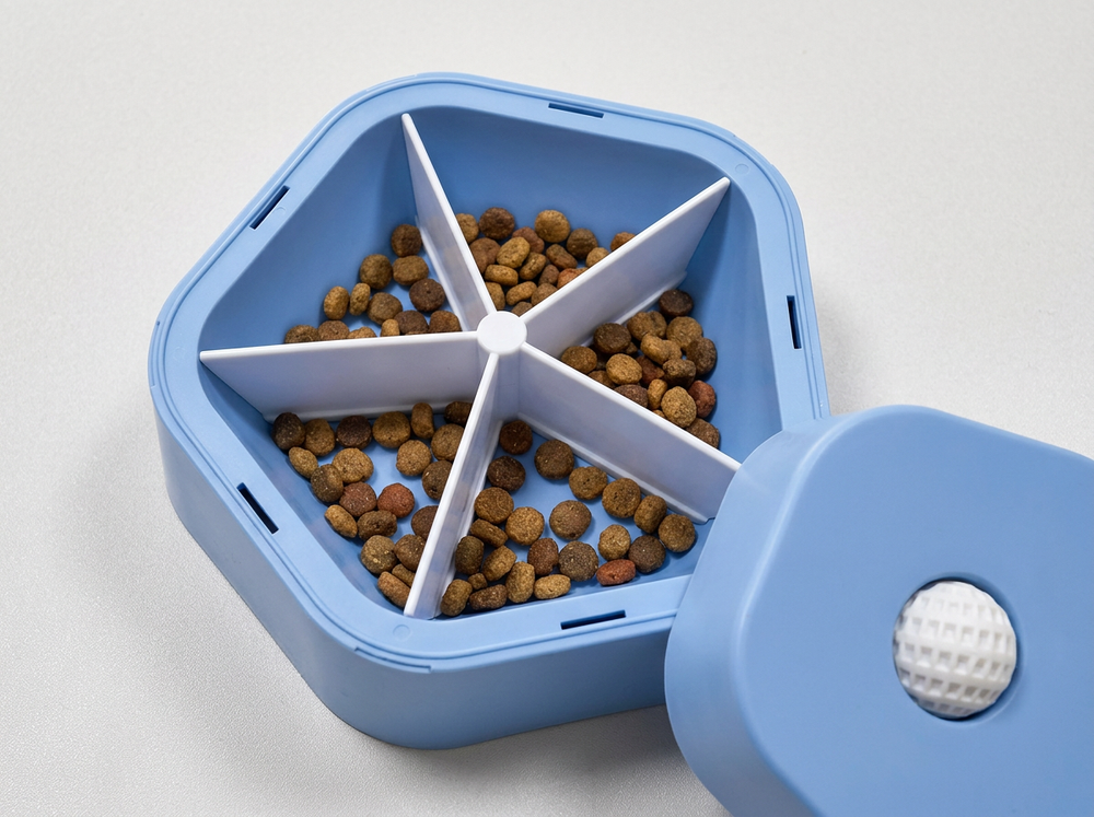 Dog using blue slow feeder with divided bowl and textured licking surface