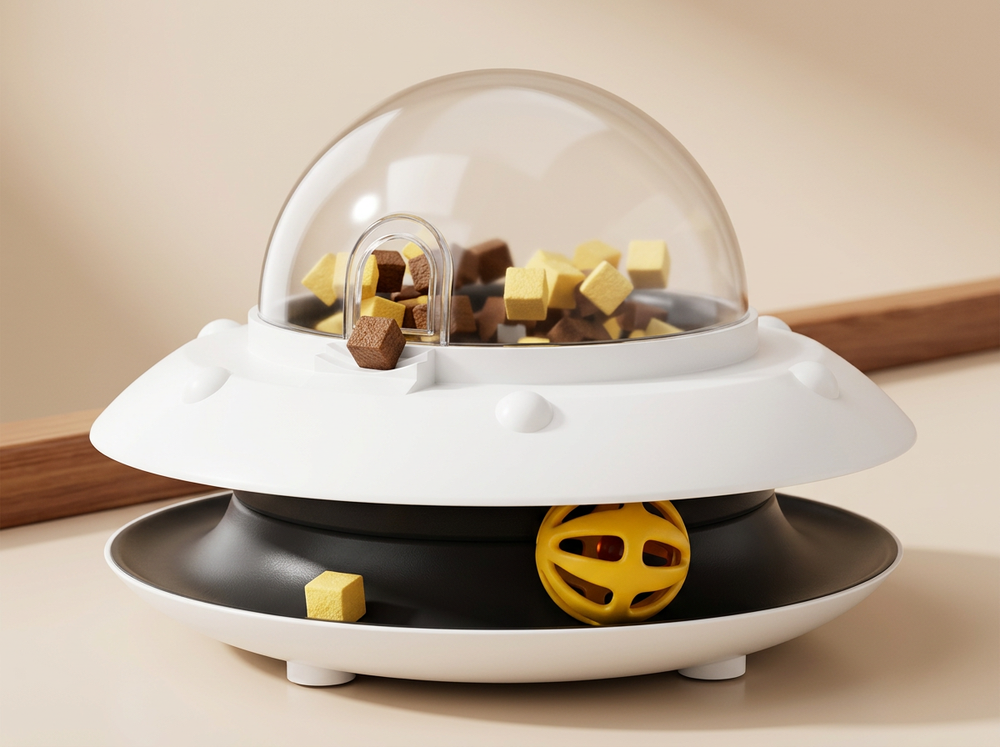  Automatic cat treat dispenser with snacks visible inside the transparent dome and yellow interactive ball below