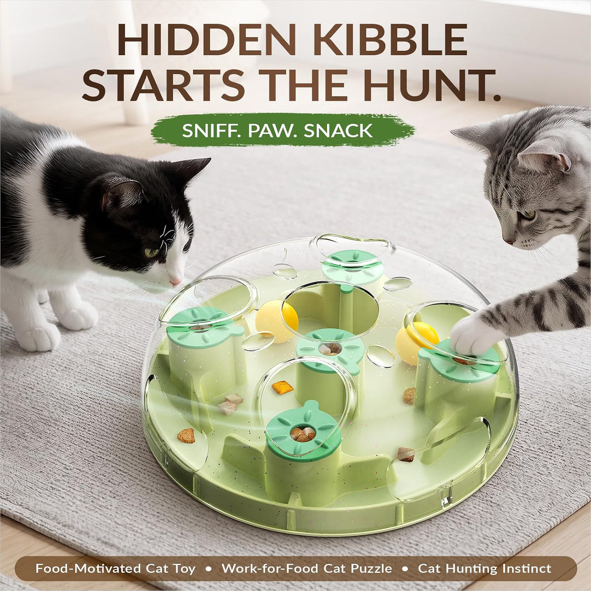 Cat treat puzzle toy with food hiding compartment for interactive play