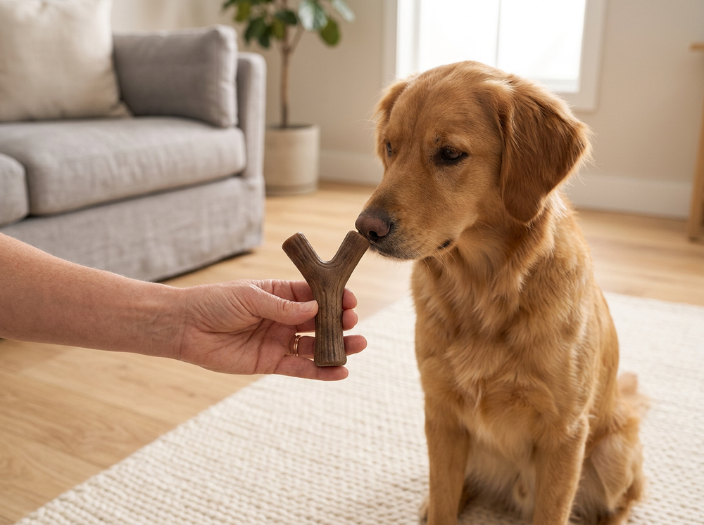 Owner offering a brown Y-shaped textured chew toy to a medium-sized dog indoors