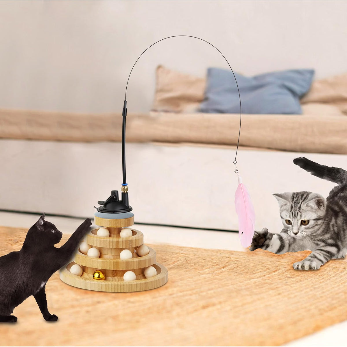 Interactive wooden cat activity toy designed for indoor exercise