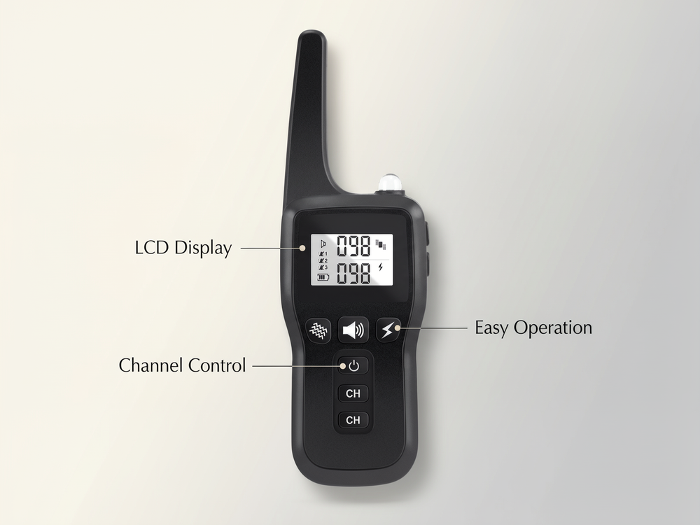 Black dog training remote with clear LCD display, channel button and multiple training controls.