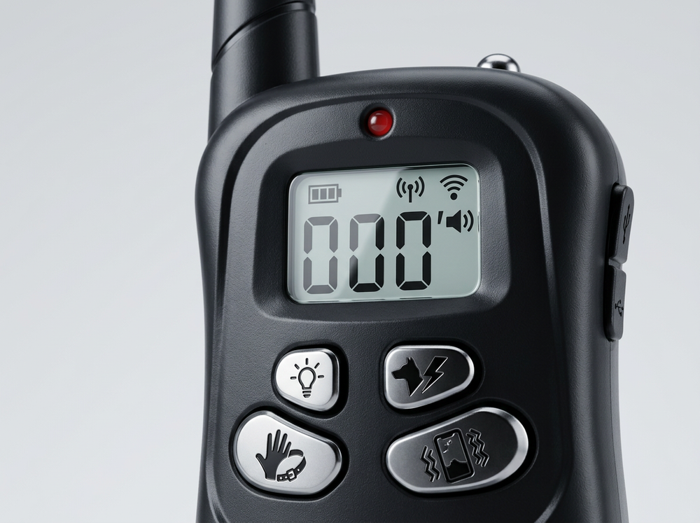 Close up of black dog training remote with LCD display and control buttons
