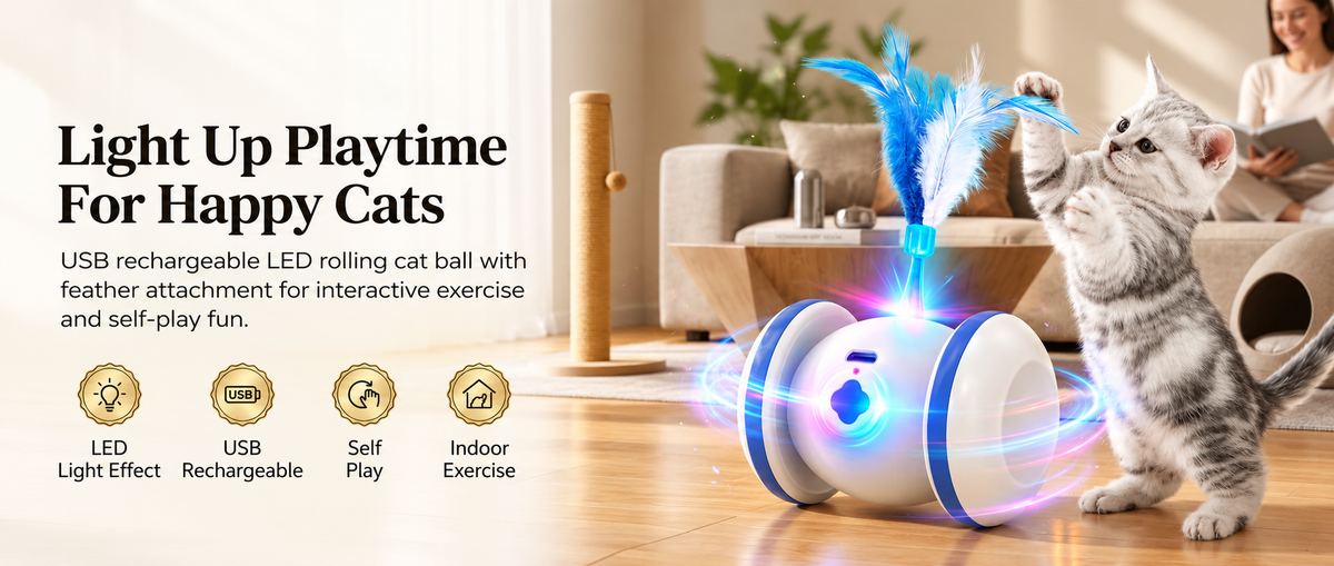 LED light-up rechargeable rolling cat ball toy with feather for indoor cats.