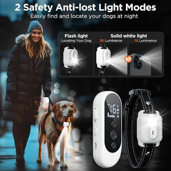 Dog training collar with LED light for improved low-light visibility