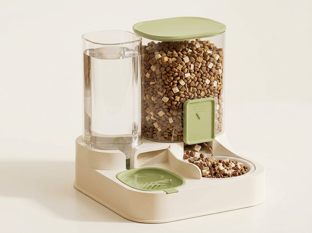 Pet feeder with 2.3 litre food storage and 1.3 litre water reservoir