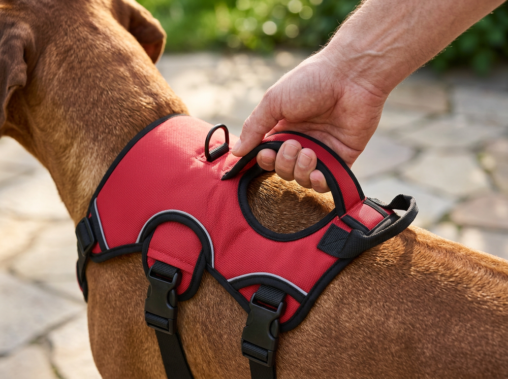 Reinforced top control handle on a padded harness worn by a large dog