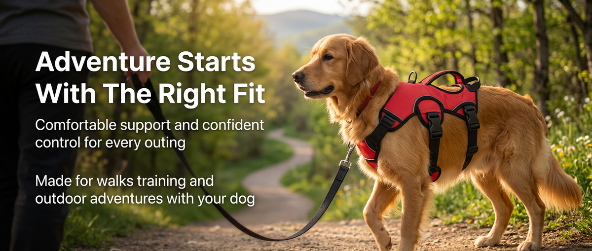 Large dog wearing an adjustable padded training harness while walking outdoors