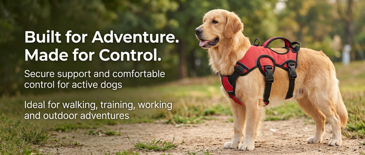Large dog wearing an adjustable tactical style training harness for outdoor walking