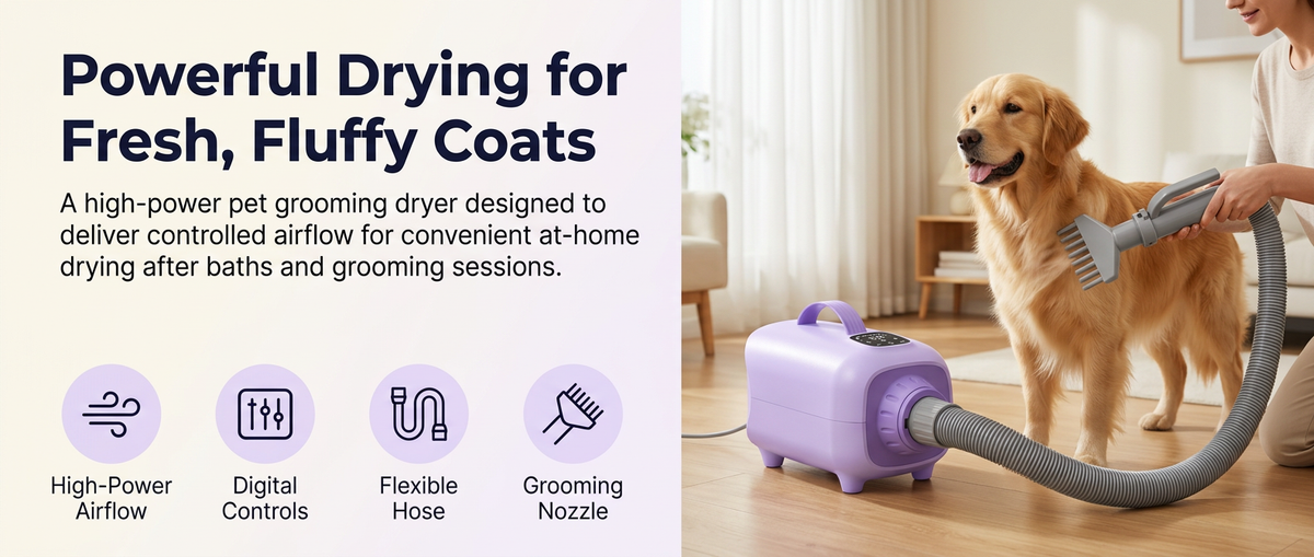 Lavender high-power pet hair dryer blower with digital controls, flexible grey hose and grooming nozzle being used on a Golden Retriever