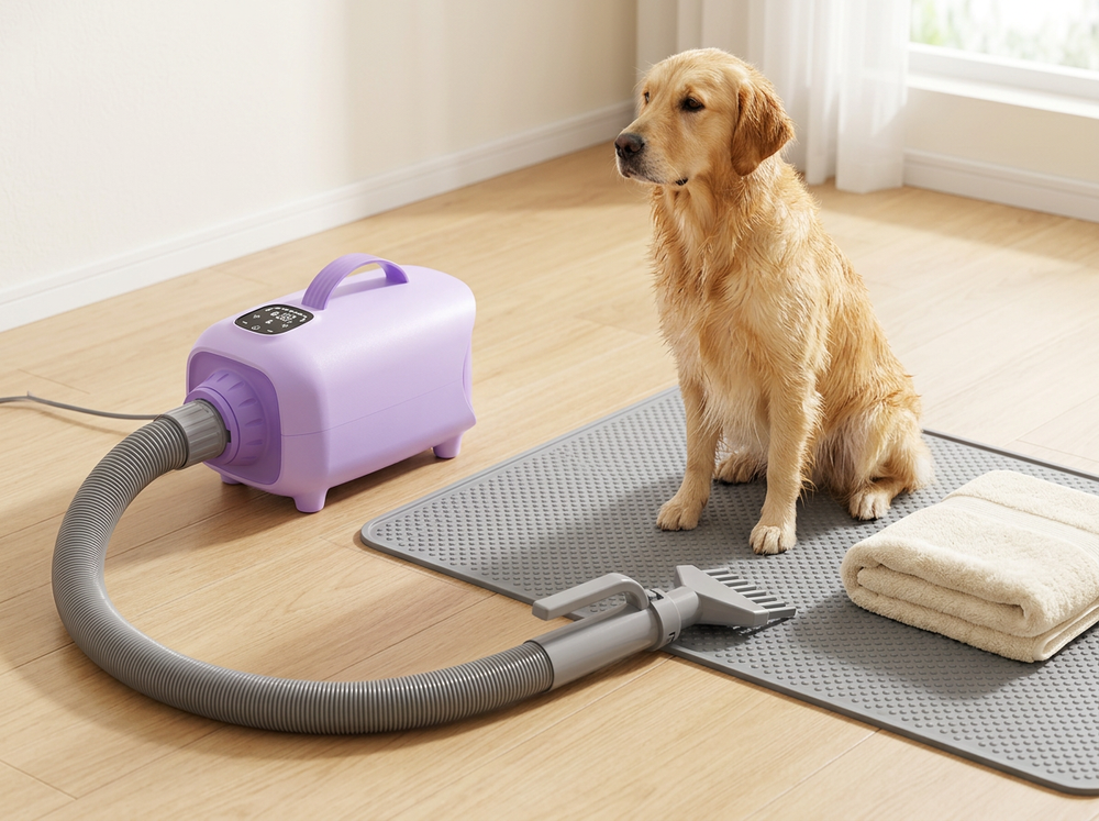  Lavender pet hair dryer positioned on a stable floor beside a Golden Retriever with flexible hose ready for grooming