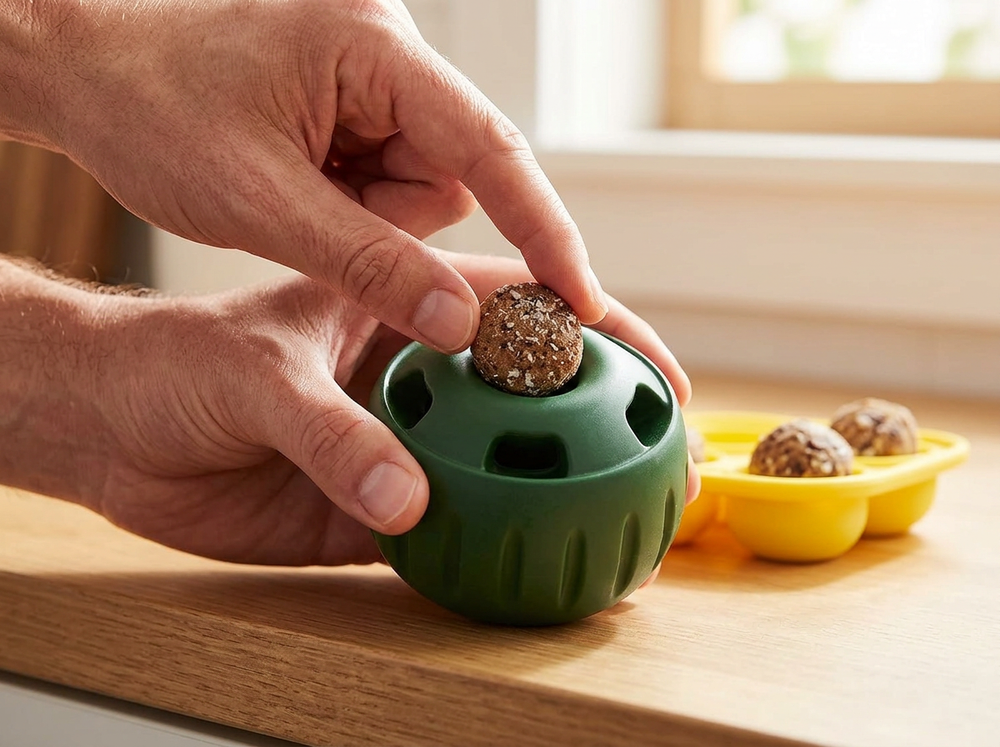 Hand placing a prepared round treat into the centre opening of a dark green dog treat ball