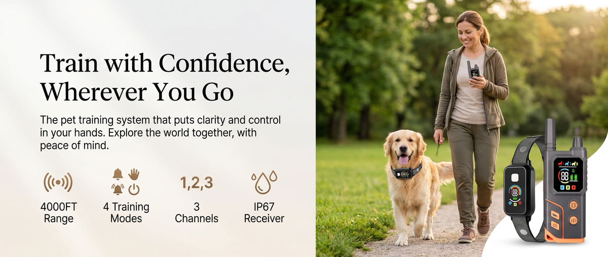 Happy dog and owner outdoors using a long-range remote dog training collar with four training modes and waterproof receiver.