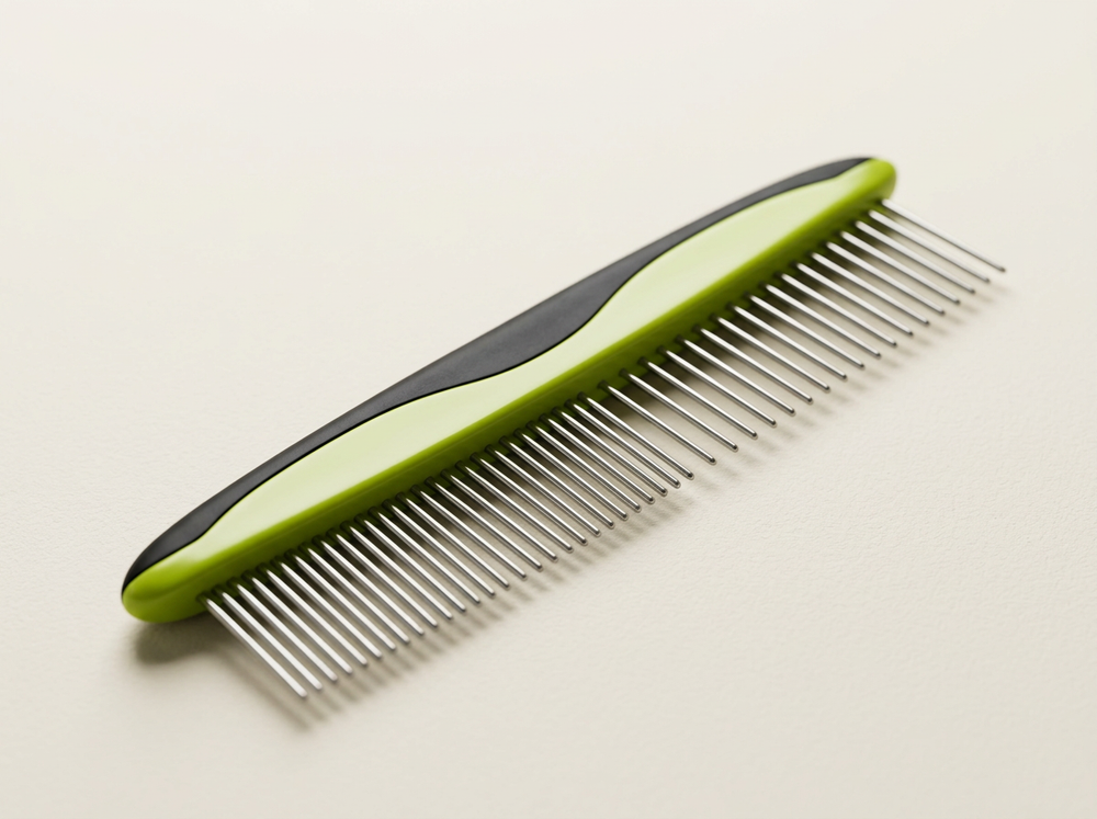  Lime green and black pet grooming comb with a long row of straight silver metal teeth