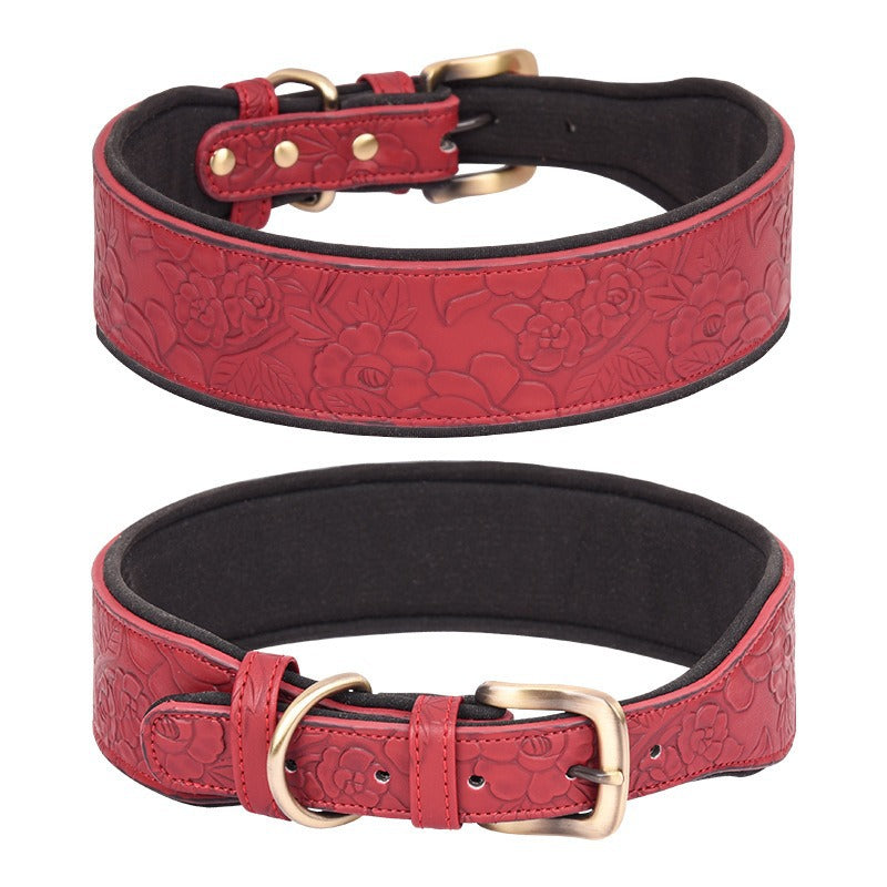 Premium embossed leather dog collar with soft padded comfort design