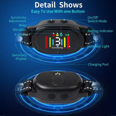 Adjustable dog bark collar suitable for dogs weighing approximately 8 to 120 pounds