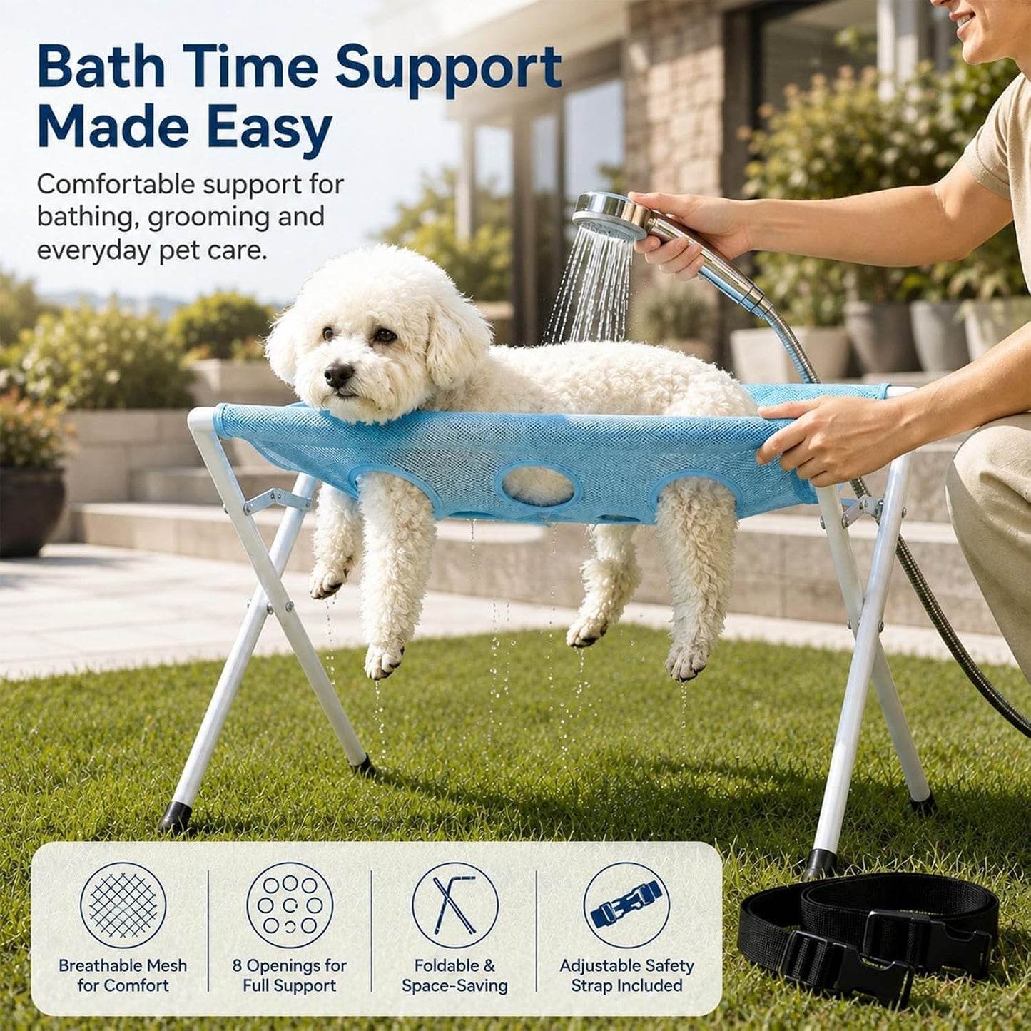 Blue grooming hammock with foldable stand for small and medium dogs