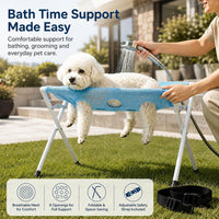 Blue grooming hammock with foldable stand for small and medium dogs
