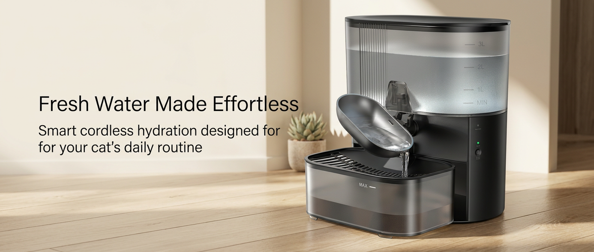 Cat beside a white automatic pet food dispenser with digital controls and stainless steel bowl