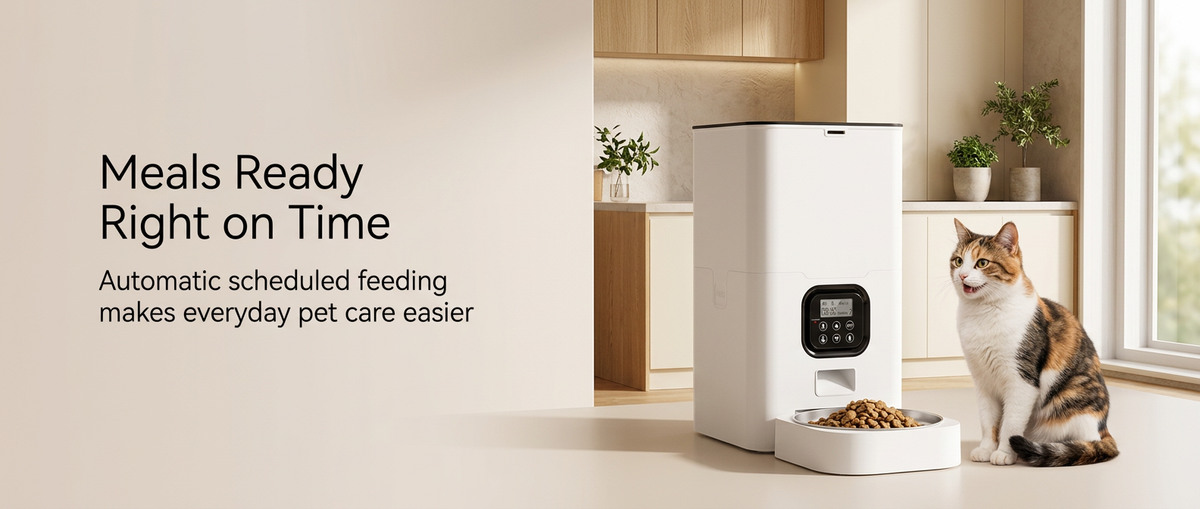 Cat beside a white automatic pet food dispenser with digital controls and stainless steel bowl