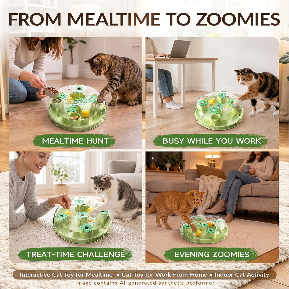 Interactive cat enrichment toy providing mental stimulation through treat play