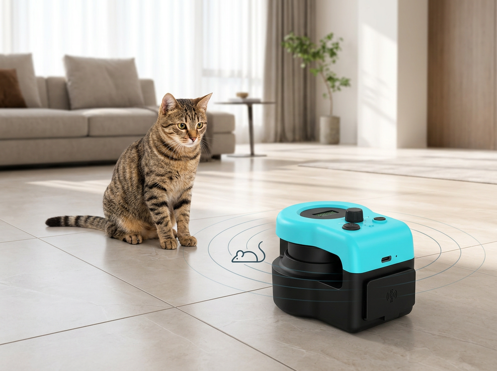 Cat responding to an interactive chase toy with mouse-squeak sound feature
