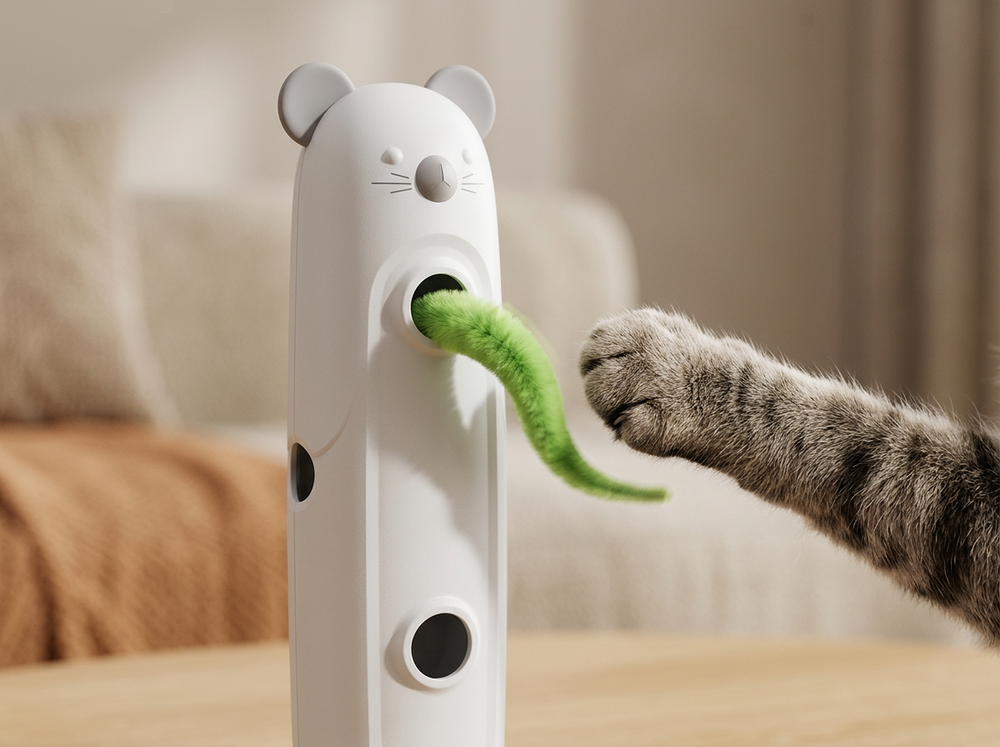 Close-up of a cat reaching for the bright green teaser emerging from an opening in a white interactive cat toy