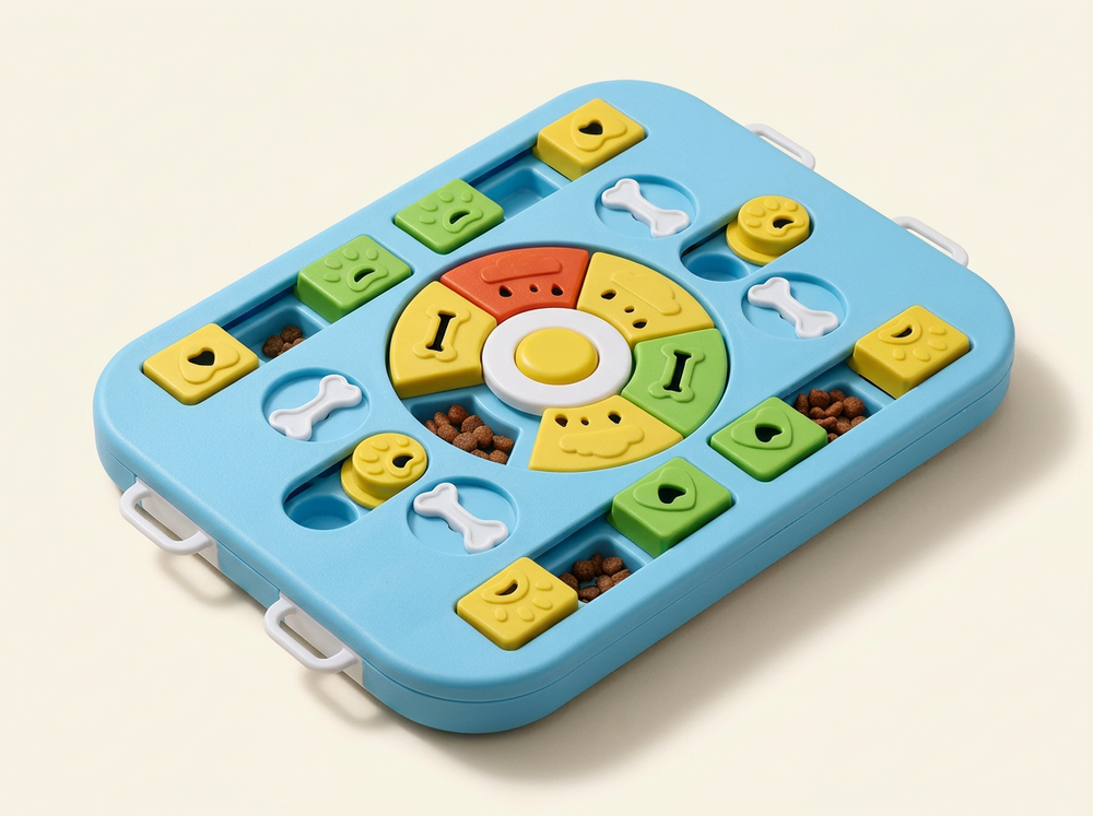 Blue interactive dog puzzle with green and yellow sliding blocks, white bone covers and rotating centre section